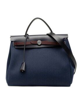 Hermes Herbag Zip PM le Tourne 2-Way Shoulder Bag Navy Brown Canvas Leather